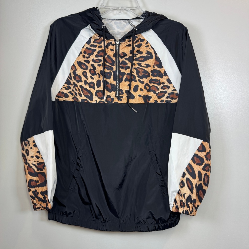 Leopard Print Colorblock Windbreaker Quarter Zip Hooded Jacket Womens M 90s